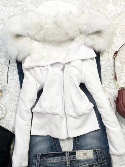 Vintage American Retro Solid Hooded Hoodie Women Winter Faux Fur Lined Zip Up Sweatshirt Cozy Fleece Pullover Streetwear Jacket