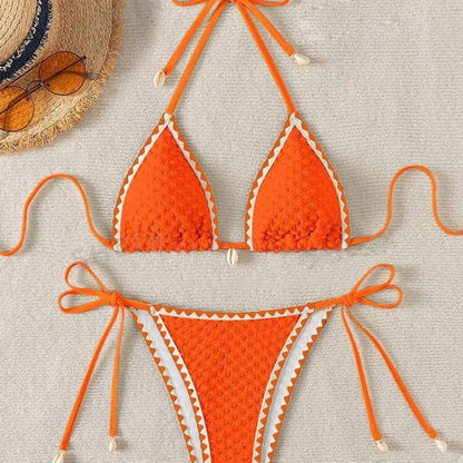 Halter Bikini Set - Wrinkled Weave Polyester Swimwear With Push Up Support