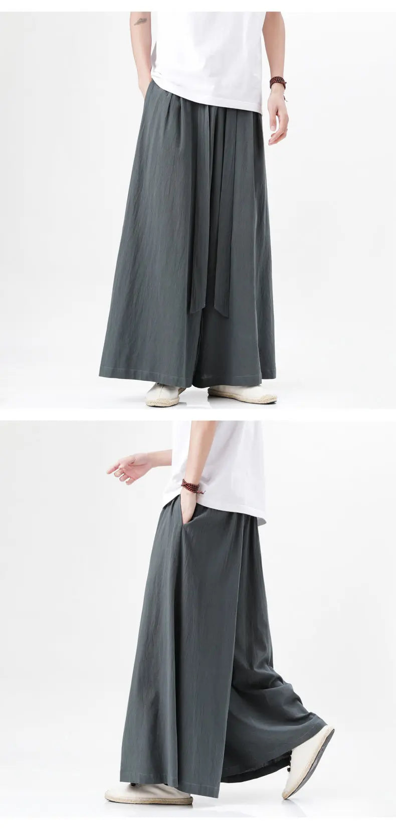 Chinese Style Linen Cotton Retro Pants Man Summer Kimono  Solid Color Traditional Pants Male Streetwear Casual Wide-Leg Trousers