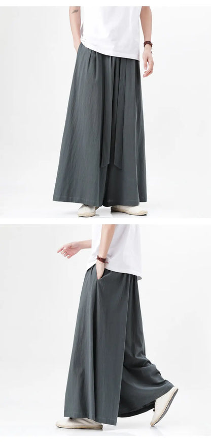 Chinese Style Linen Cotton Retro Pants Man Summer Kimono  Solid Color Traditional Pants Male Streetwear Casual Wide-Leg Trousers