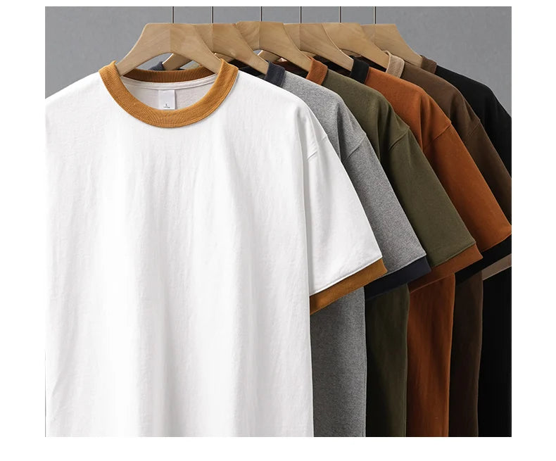 DUKEEN 320G Heavyweight Color-Blocked Patchwork Men's T-Shirt Summer 100% Cotton Solid Color Short Sleeve Basic Tops