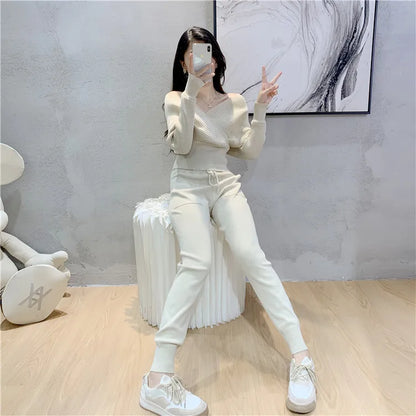 Elegant Tracksuit Sexy Two Piece Set Women Korean Style Ribbed Knitted Backless Top And Long Harem Pant Suit Autumn Outfits y2k