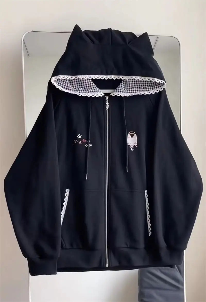 Zipper Hoodie Gothic Cartoon Kawaii Cat Ear Y2k Jacket Zip Up Thin Coat Spring Autumn Cute Core 2000s Clothes Fall Sweatshirts