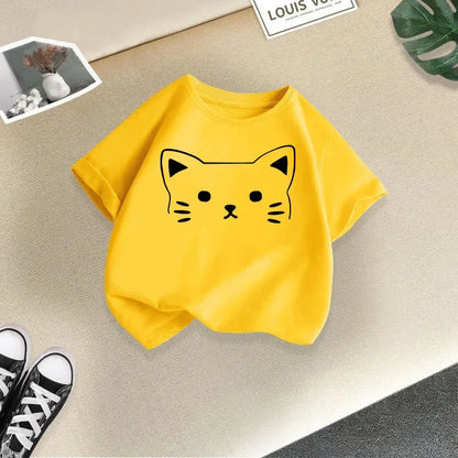 Summer New Cute Cat Animal Print Round Neck Short Sleeved Tee Shirt for Boys and Girls Fashionable and Simple Children's T-shirt