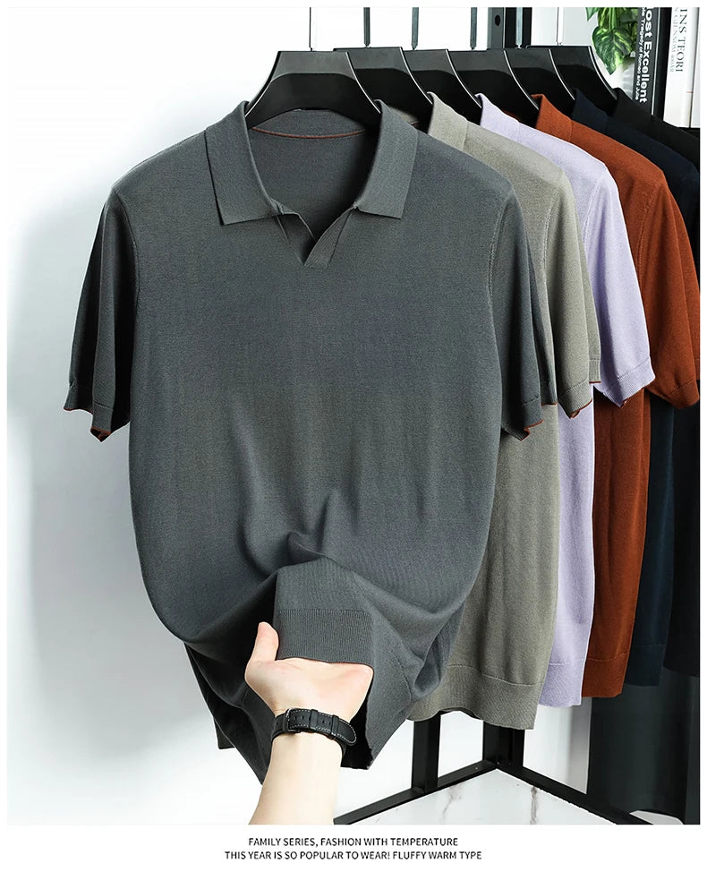 100%  Lyocell Knitwear 2025 Men Spring Summer Trendy Turn Down Collar Knit Tees Short Sleeve Breathable Knit Tops