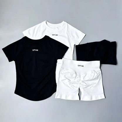 DFHE 2 Piece Athletic Tracksuit, Seamless Short Sleeve Yoga Wear, High Stretch Running Shorts, Gym Training Outfit