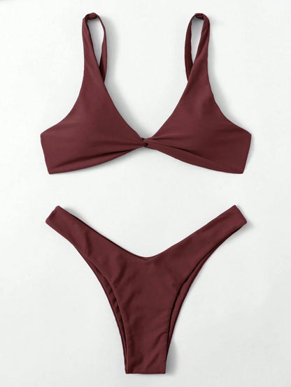 Solid Tie Bikini Set - Padded Push-Up High Leg Brazilian Swimsuit for Women - ZOOMNSTORE