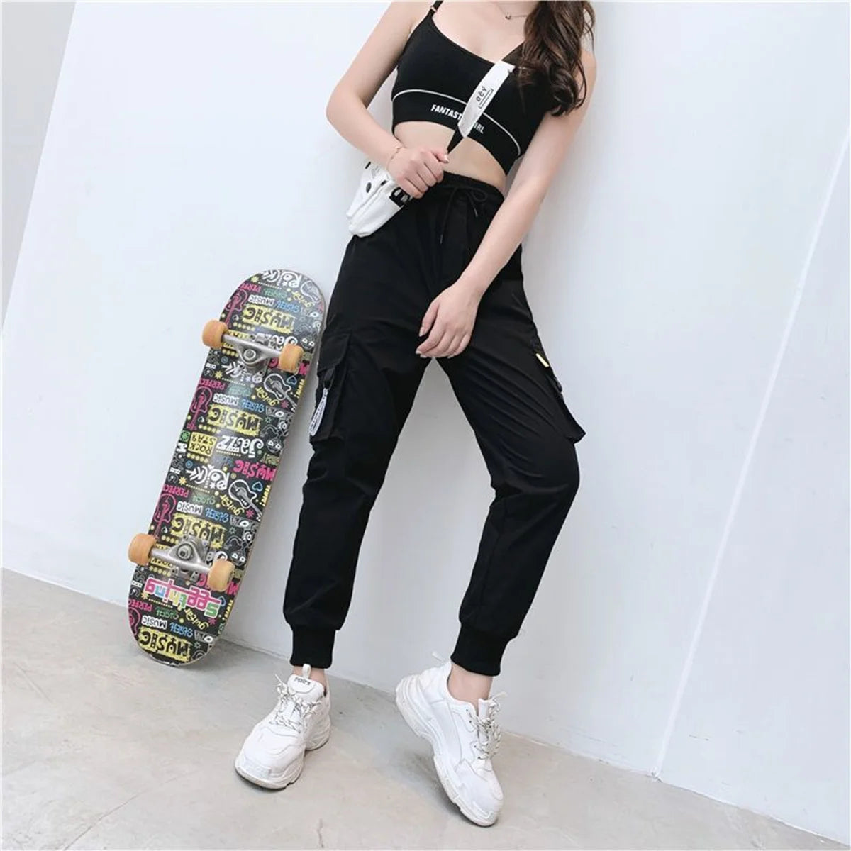Black Cargo Pants Women Casual Joggers High Waist Loose Female Hip Hop Trousers Korean Punk Pants Funny Capri Streetwear Femme