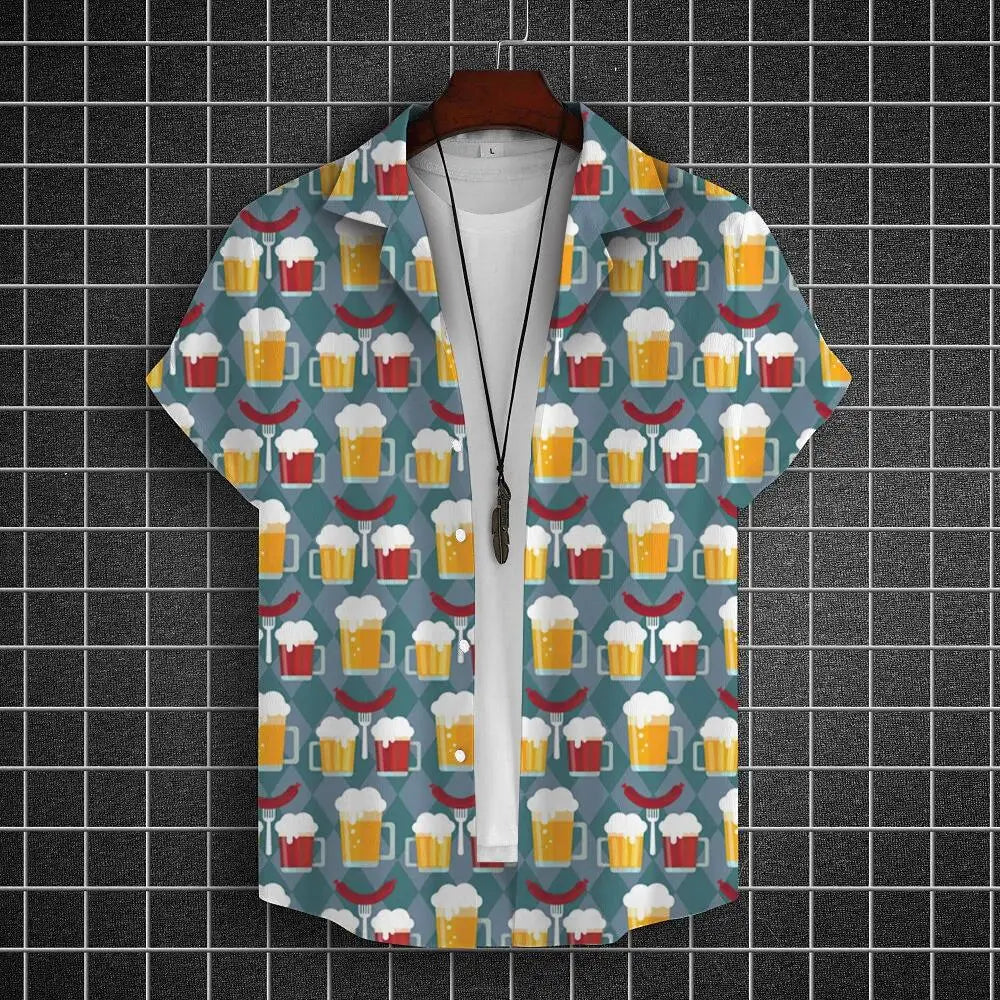 Hawaiian Shirt For Men 3d Beer Printed Short Sleeve Shirts Party Tees Summer Casual Tops Loose Oversized Clothing