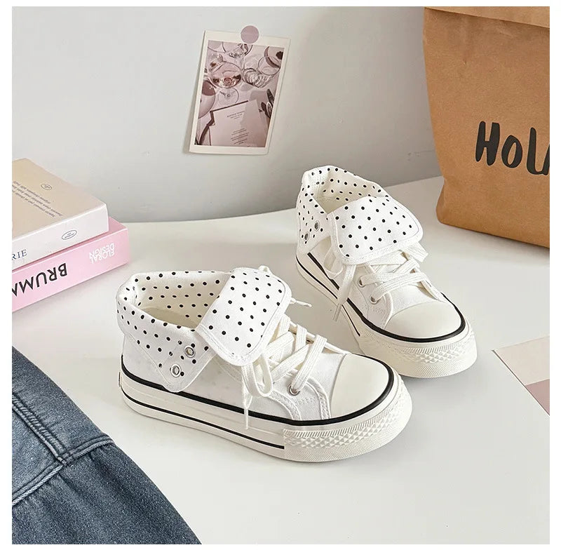 Women's High Top Platform Canvas Sneakers Polka Dot Foldable Collar Lace Up Breathable Korean Style Casual Shoes Fall 2026