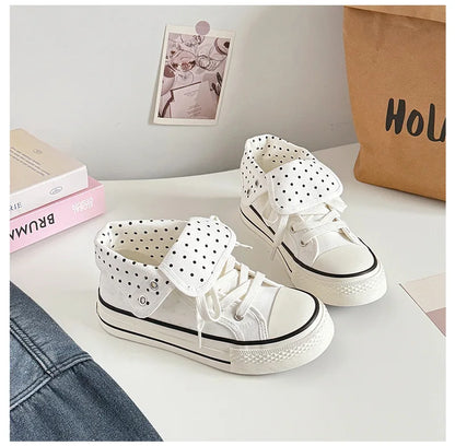 Women's High Top Platform Canvas Sneakers Polka Dot Foldable Collar Lace Up Breathable Korean Style Casual Shoes Fall 2026