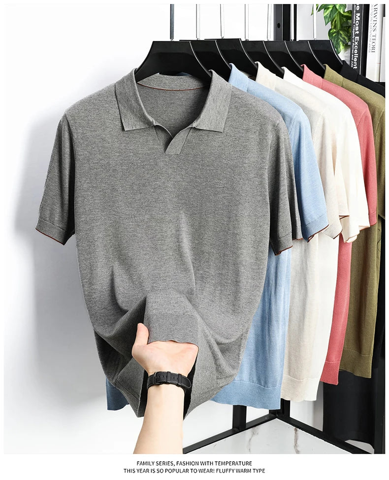 100%  Lyocell Knitwear 2025 Men Spring Summer Trendy Turn Down Collar Knit Tees Short Sleeve Breathable Knit Tops
