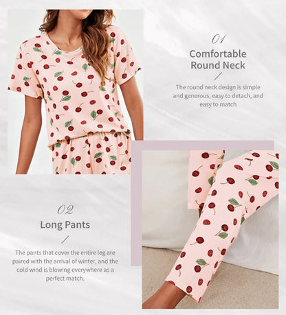 Women's Pajamas Set Spring Autumn New Short Sleeve Trousers Sleepwear Casual Flower Print Pajamas Woman Home Clothes Pyjama Suit