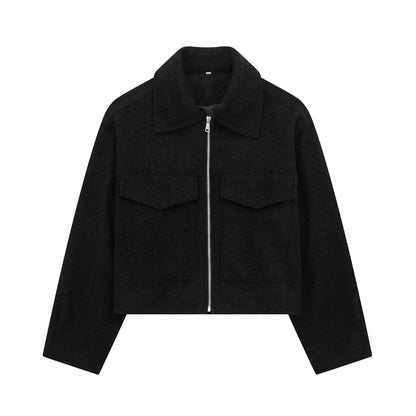 Women Zipper Jacket - Grey Vintage Lapel With Pockets | Casual Long Sleeve Outerwear