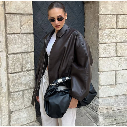 Vintage Leather Bomber Jacket – Women's PU Leather Zip Jacket With Belt & Patchwork Design