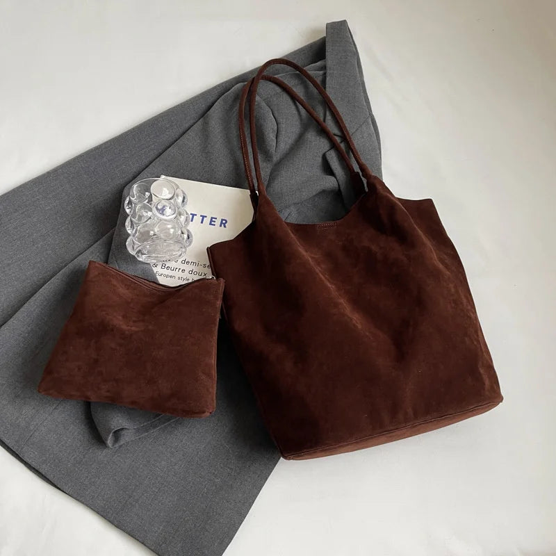 Women's Suede Shoulder Bag - High Capacity Casual Tote With Zippered Purse & Cell Phone Pocket