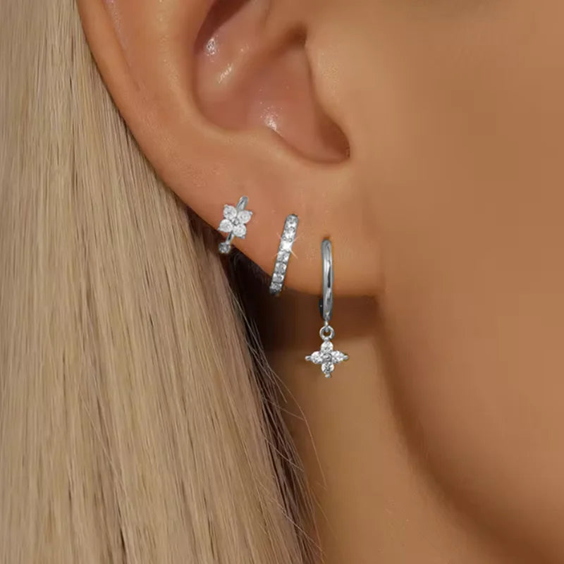 Square Zirconia Hoop Earrings Set – 3 Pairs, Stainless Steel