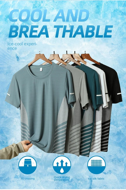 Running T-shirt Men Summer Ice Silk Thin Top Reflective Printing Quick Dry Short Sleeve Breathable Fitness Sports T-shirt 5XL