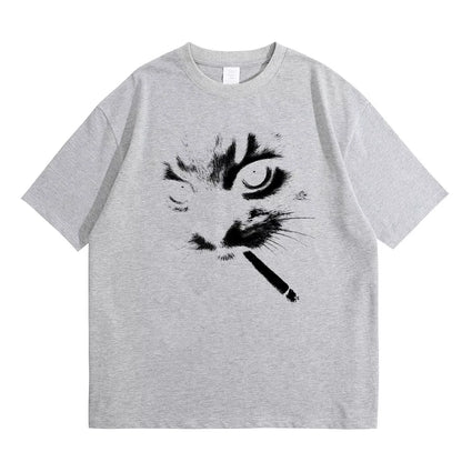 Funny Meme Smoking Cat Face Graphic T-shirts Men Women Casual Cotton Vintage T Shirts Men's Oversized T-shirts Cats Lovers Gifts