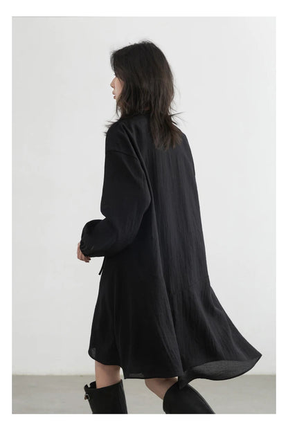 Women Loose Dress - Casual V-Neck Long Sleeve A-Line Knee Dress With Ruffled Lantern Sleeves