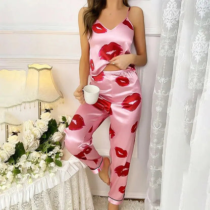 Women's Satin Pajama Set with Lip Print V-Neck Cami Top and Elastic Pants For Women Pijama Comfortable Sleep and Loungwear