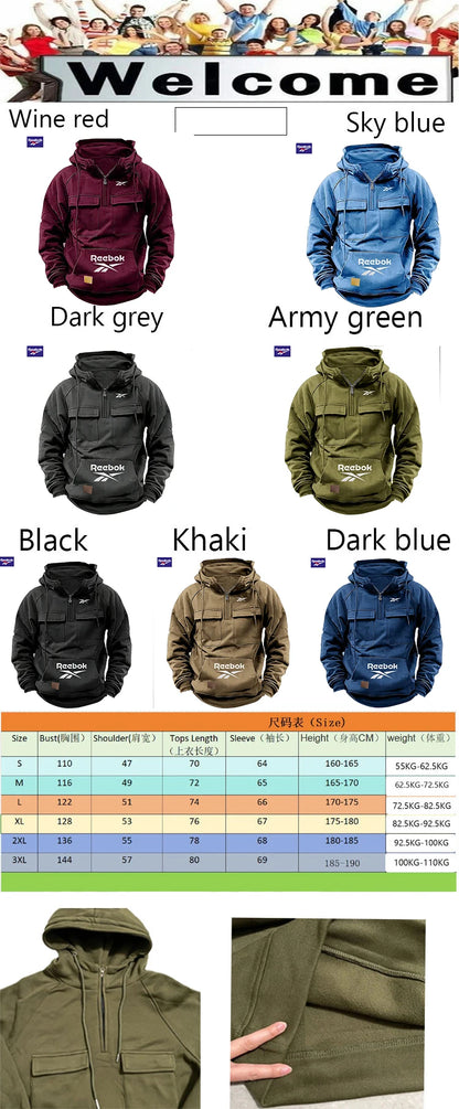 2026 Reebok Logo Multi-Pocket Design Hoodie - The Top Choice for Fashionable Autumn and Winter, a Semi-Zippered Hooded Comforta