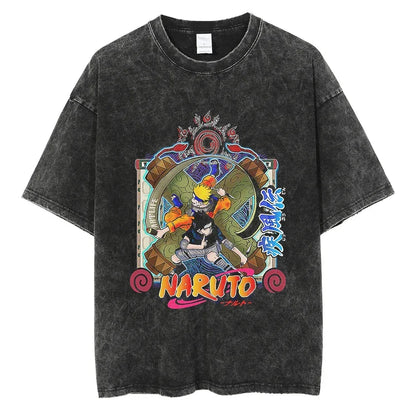 Japanese Anime Naruto Vintage Tshirt Harajuku Streetwear Men Washed T-Shirt Cotton Tops Fashion Summer Short Sleeve Tees Shirts