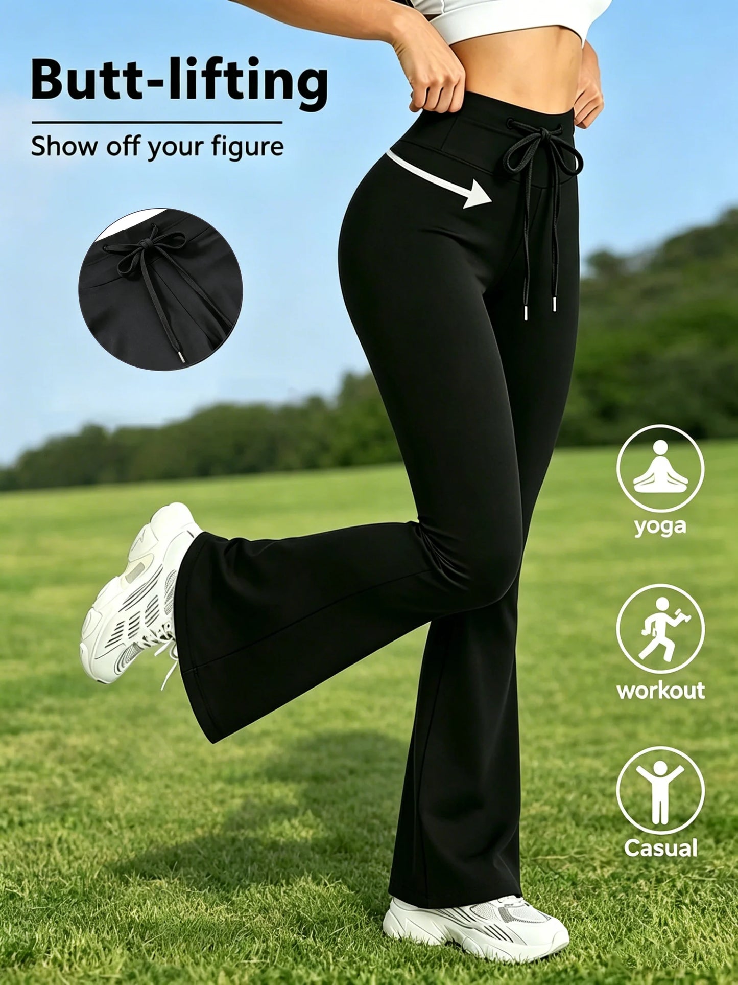 Ladies' Elegant Flared Pants - Drawstring Waist Design, High-Waisted Sport Pants, Fashionable Yoga Leggings, Commuting Trousers