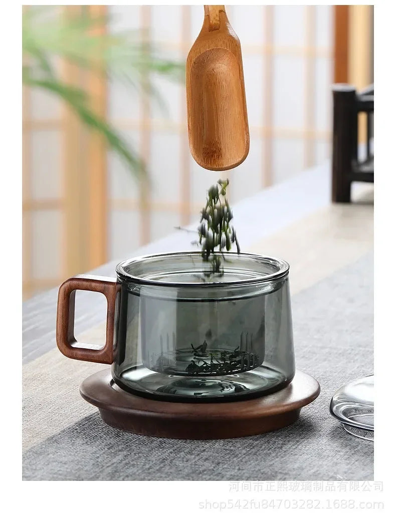Heat Resistant Glass Tea Infuser Cup - 200ml Teacup with Wood Handle and Filter for Kung Fu Tea Set - ZOOMNSTORE