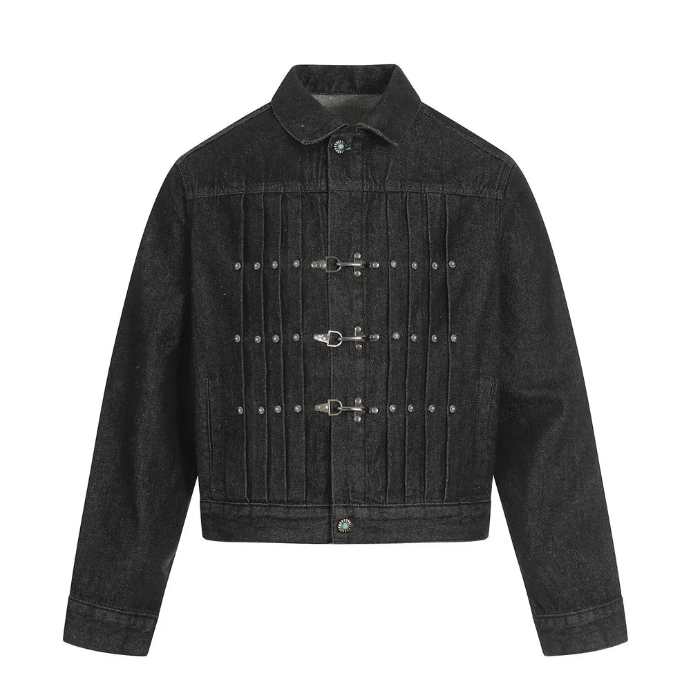 Mens Jacket Punk Vintage Streetwear Black Denim Short Coat Metal Buckle Studded Design Pleated Detail Retro Cool Hip Hop Fashion