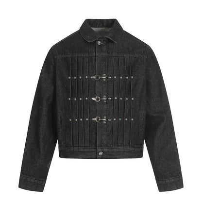 Mens Jacket Punk Vintage Streetwear Black Denim Short Coat Metal Buckle Studded Design Pleated Detail Retro Cool Hip Hop Fashion