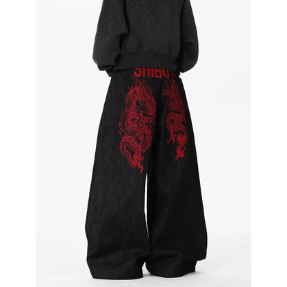 Retro Red Dragon Embroidery Wide Leg Knife Edge Jeans  for both men and women Y2K street cool floor length wide leg pants