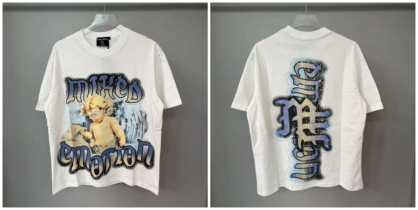 New MIXED-EMOTION Rhinestone cartoon printed pattern 100% cotton Men Women T-shirt Loose casual Shinning Diamond Tees Oversized Top