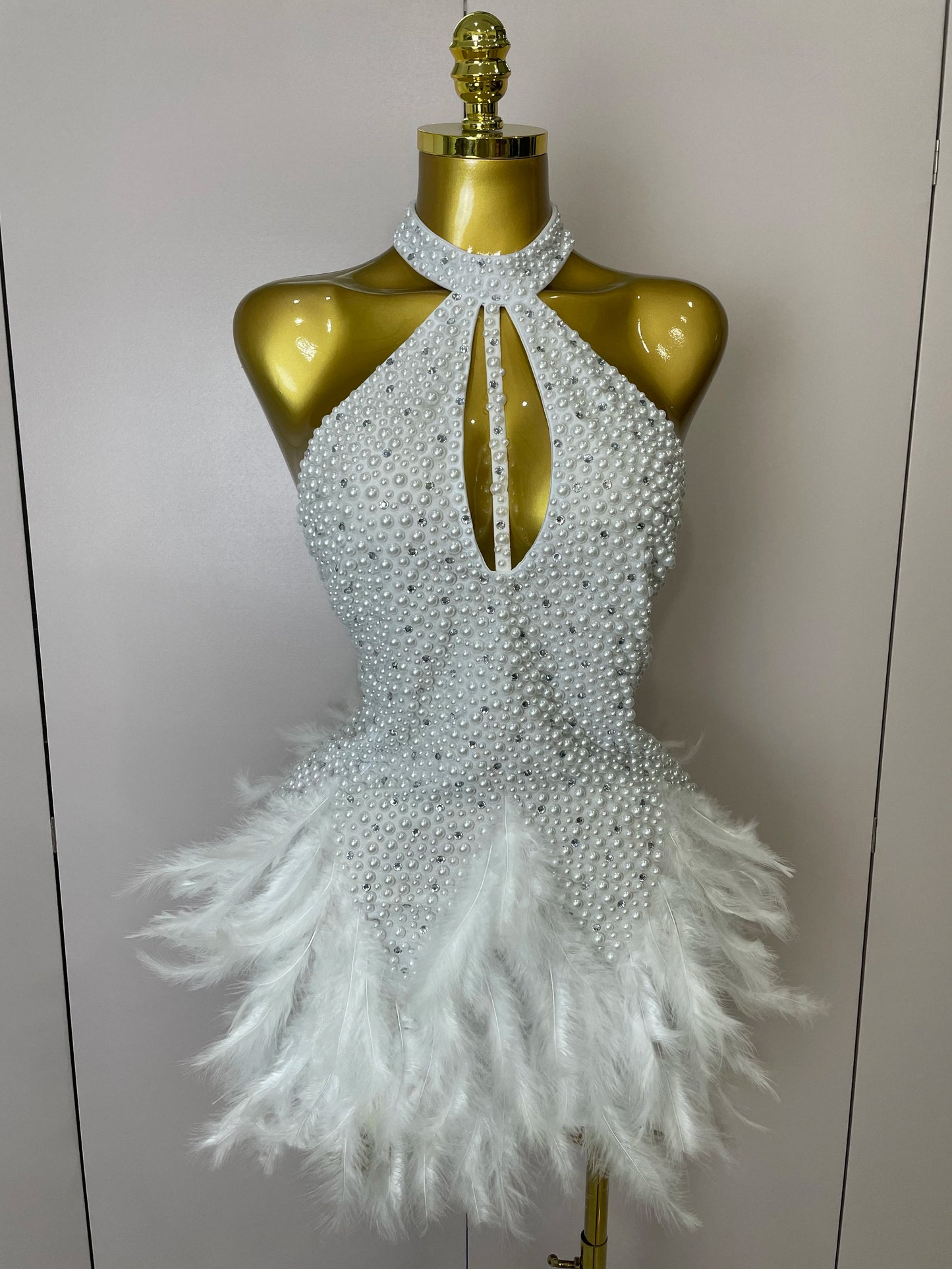 Backless Halter Dress - Women's Party Mini Sheath With Rhinestone & Feather Details