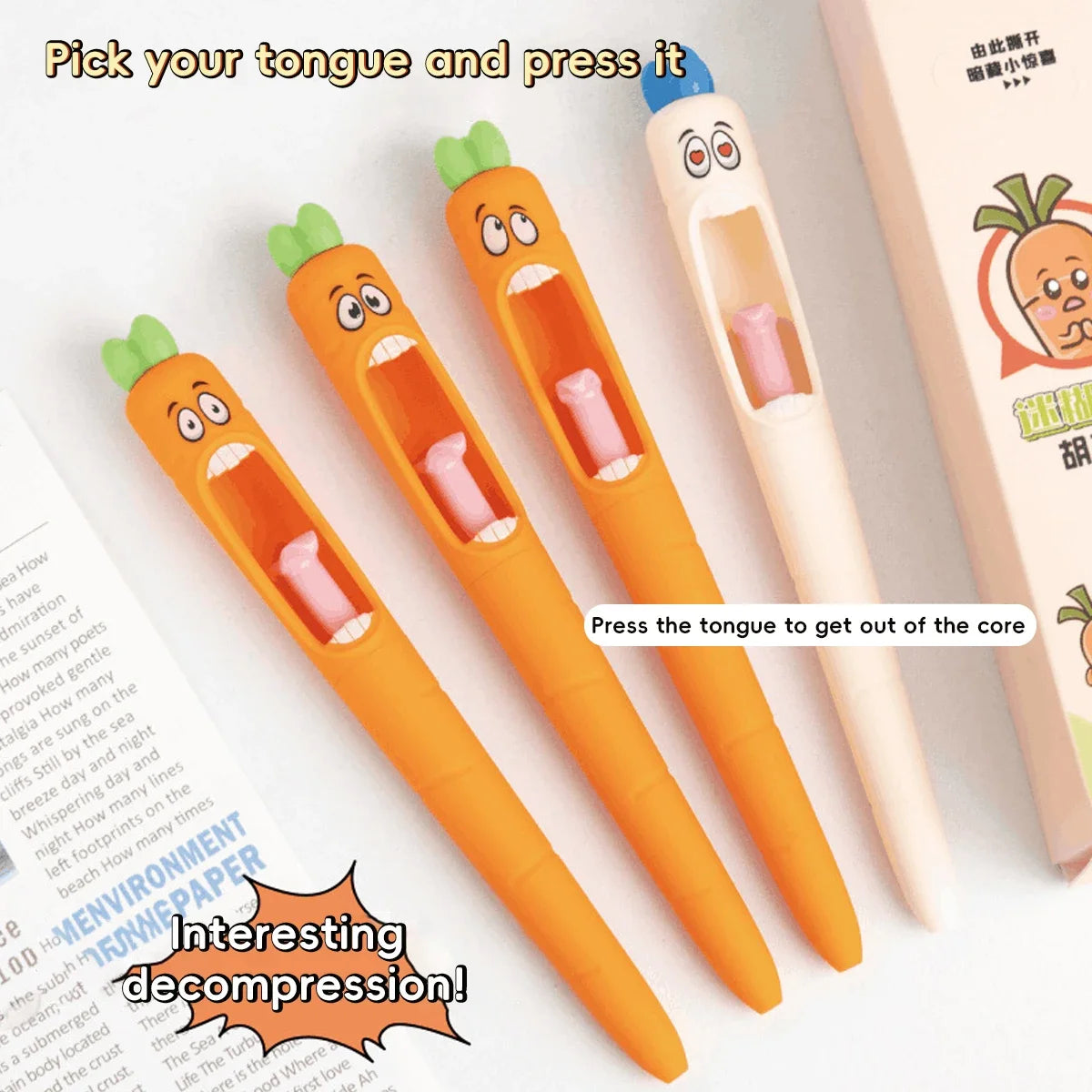 Cute Cartoon Kawaii  Pens Carrot Shaped Gel Pen Design Retractable Tongue Refill Black Ink Pens Office School Stationery Gift