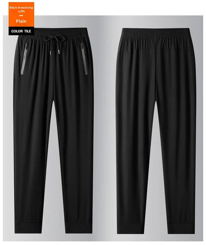 Men's Ice Silk Casual Pants Summer Quick Dry Lightweight Joggers with Zipper Pockets Elastic Waist Sports Trousers for Running F