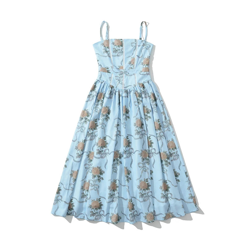 YENKYE Lace Trim Floral Print Sexy Sling Dress Women Elegant A-line Midi Summer Vacation Party Dresses New 2026 Clothes