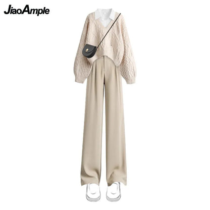 Women Autumn/Winter Suit 2025 New Fashion Hole Knitted Sweater White Shirt Casual Pants 3-Piece Set Korean Elegant Matching Set