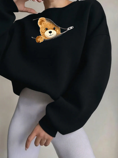 Women's Autumn and Winter Loose Casual Cartoon Zipper Bear Pattern Printed Velvet Long-Sleeved Round Neck Sweatshirt Pullover