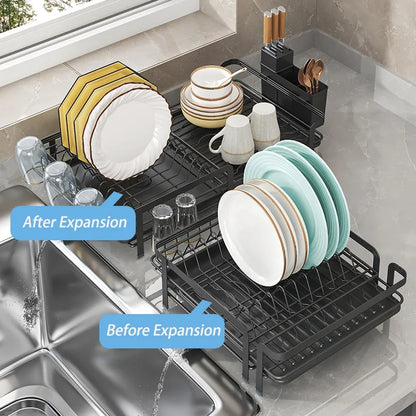 Expandable Dish Drainer - Adjustable Kitchen Rack with Drainboard, Utensil & Cup Holder