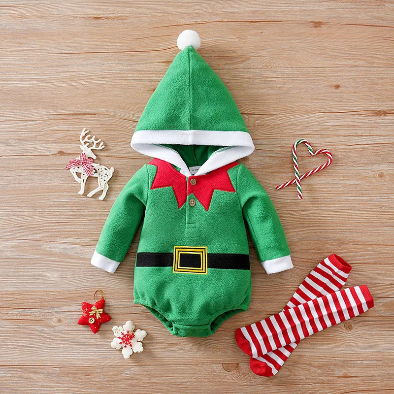 Baby Romper Cotton - Newborn Unisex Velvet Santa Elk Long Sleeve 0-18 Months