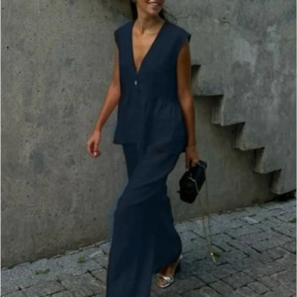 Fashion Women's Trouser Suits Sleeveless V-Neck Top Women Casual Straight Pants Sets Summer Women's Suit Commuter 2 Piece Set