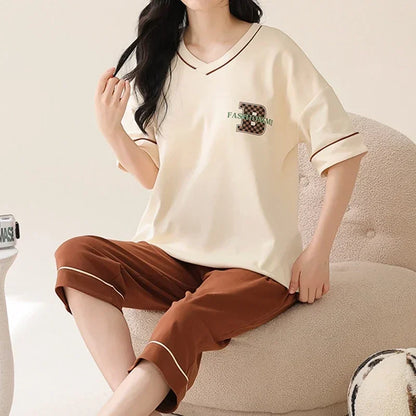 Summer Capris Pajamas for Women Plus Size 5XL Woman Causal Pajama Sets Cartoon Lapel Pijamas Cute Girl Soft Cotton Sleepwear