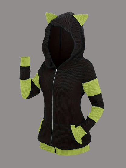 2024 European and American fashion women's new thick cat ears in autumn and winter long color matching hooded sweater coat
