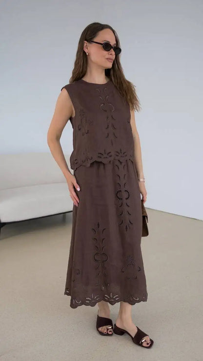 FSLE【Premium Series】Summer Women Linen Two Piece Set Cut-Out Embroidered Sleeveless Top Midi Skirt Boho Beach Vacation Style