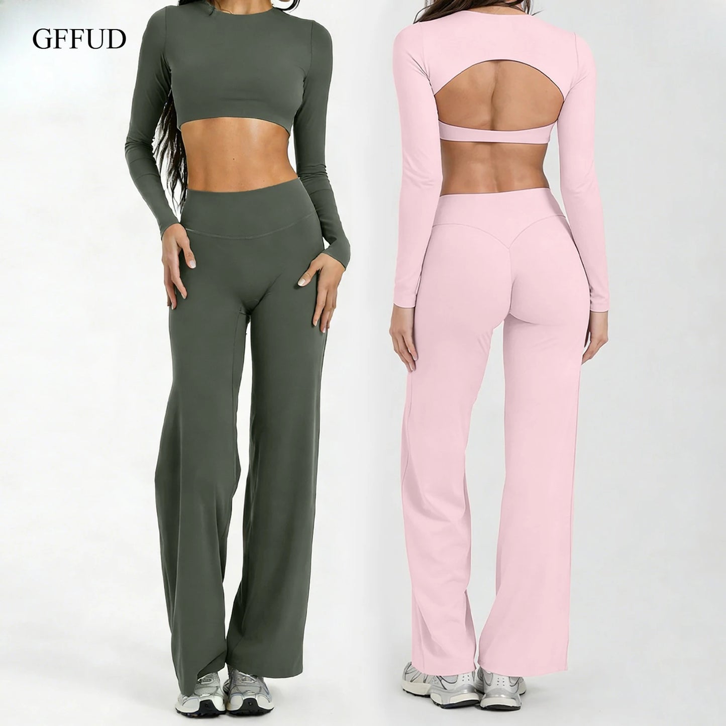 Running Sportswear Women 2 Piece Set Short Cropped Long Sleeve Top Straight Leg Yoga Pants Breathable Quick Dry Gym Suit