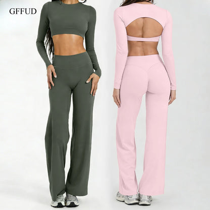Running Sportswear Women 2 Piece Set Short Cropped Long Sleeve Top Straight Leg Yoga Pants Breathable Quick Dry Gym Suit