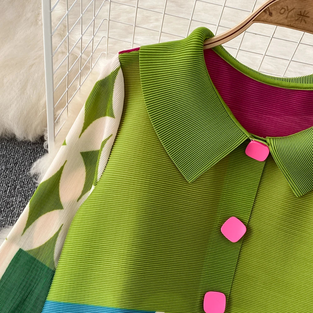 Miyake Pleated Drape Dress Women 2024 Spring Summer Colorblock Printing Lapel 3/4 Sleeve Single-breasted Fashion Shirt Dresses