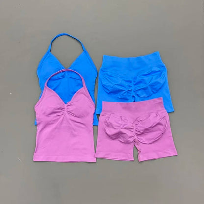 2Pcs HISTELLO Yoga Set Women Halter Tank Top Scrunch Butt Lifting Shorts Ruched Anti Chafe Quick Dry Gym Workout Sports Set