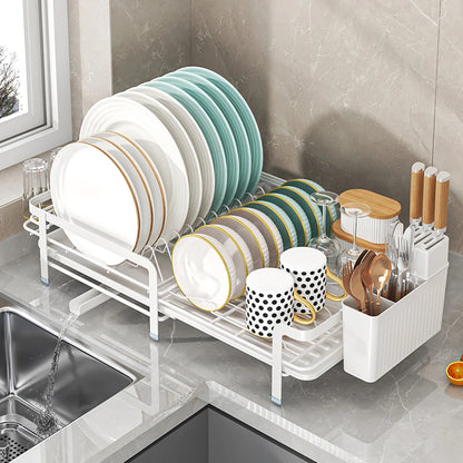 Expandable Dish Drainer - Adjustable Kitchen Rack with Drainboard, Utensil & Cup Holder